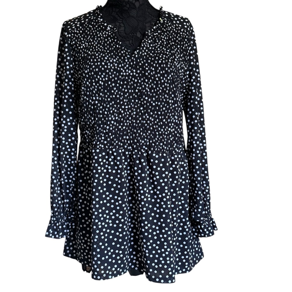 Lane Bryant Black and White Polka Dot Sheer Smocked Gathered V-Neck Top